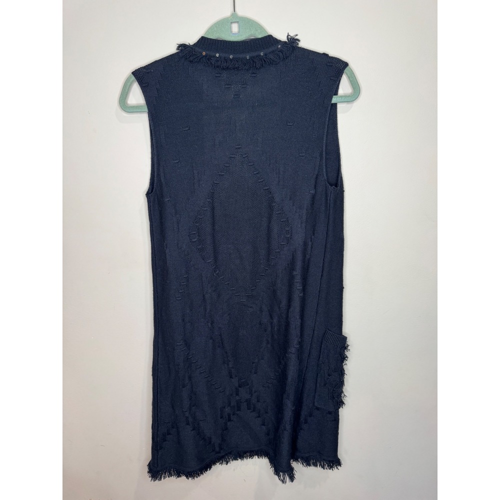 Kobi Ashton Beaded Fringe Sweater Vest Sleeveless Cardigan Navy sz XS Wool Boho - Picture 2 of 6